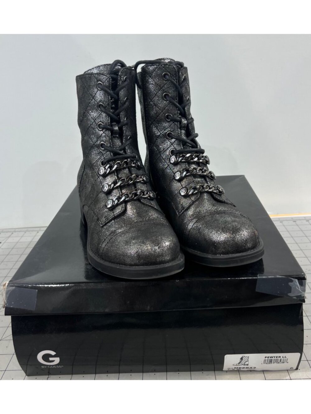 G By Guess Pewter LL Meera 2 Quilted Metallic Combat Boots Sz. 7.5 Side Zip